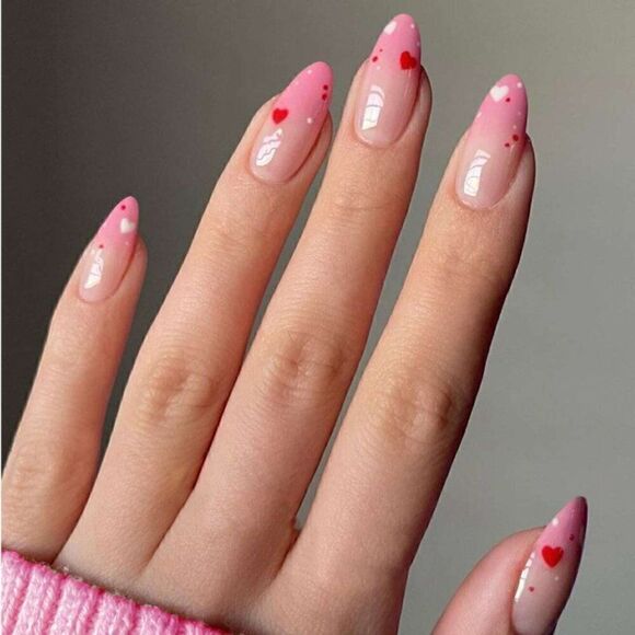 24 pcs Medium Magic Press on Nail Tips Nude To Pink Gradient Lovely Heart Design - Picture 1 of 4